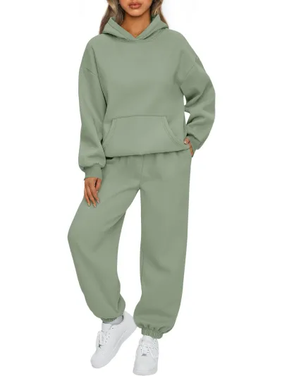 Athleisure Autumn Winter Women Loose Solid Color Long Sleeve Hooded Sweater Jogger Pants Two-Piece Set