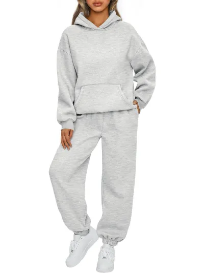 Athleisure Autumn Winter Women Loose Solid Color Long Sleeve Hooded Sweater Jogger Pants Two-Piece Set