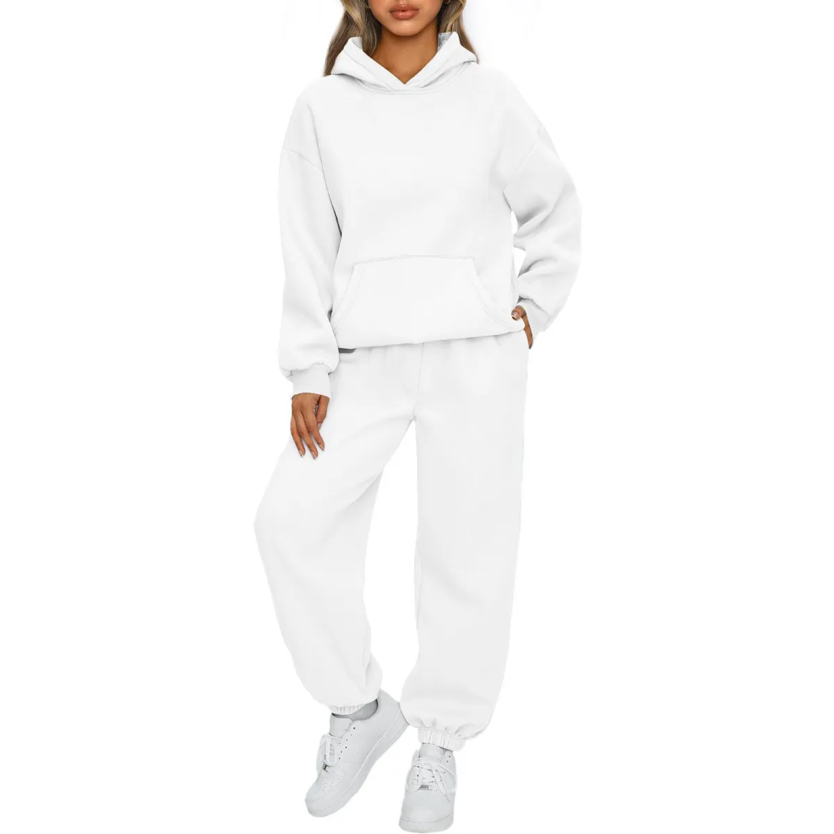 Athleisure Autumn Winter Women Loose Solid Color Long Sleeve Hooded Sweater Jogger Pants Two-Piece Set