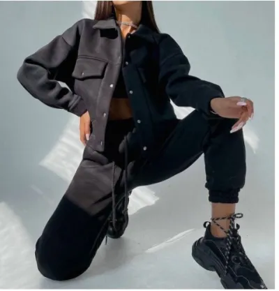 Athleisure Autumn Winter Women Fashion Thickened Long-Sleeved Sweatshirt Jacket Jogger Pants Two-Piece Set