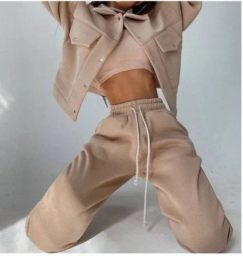Athleisure Autumn Winter Women Fashion Thickened Long-Sleeved Sweatshirt Jacket Jogger Pants Two-Piece Set