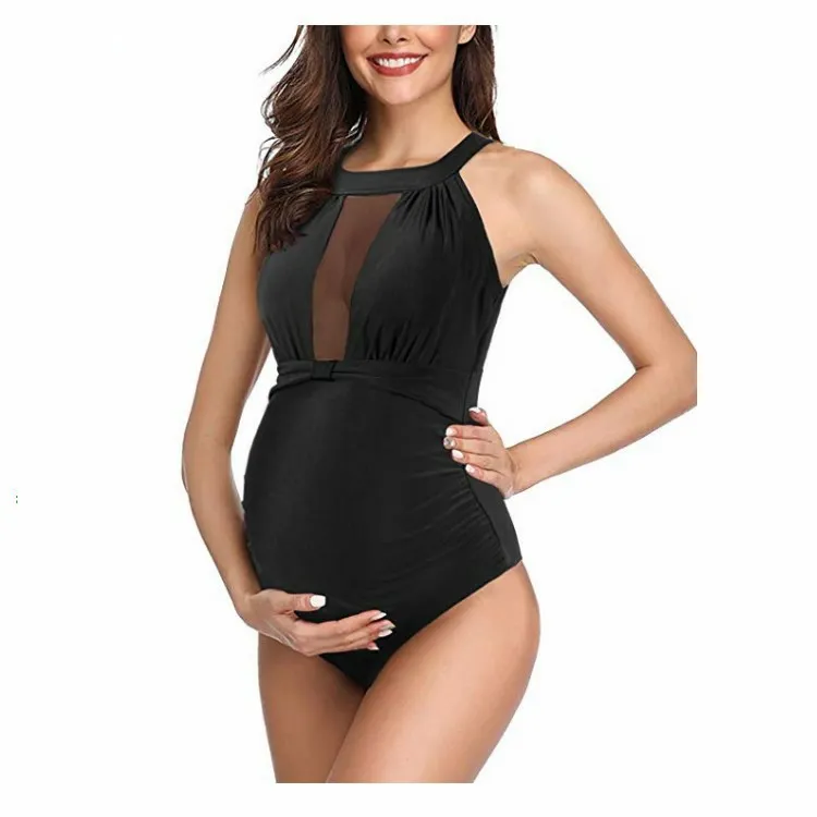 Pregnant Women Simple Solid Color Back Hollow One-Piece Swimsuit
