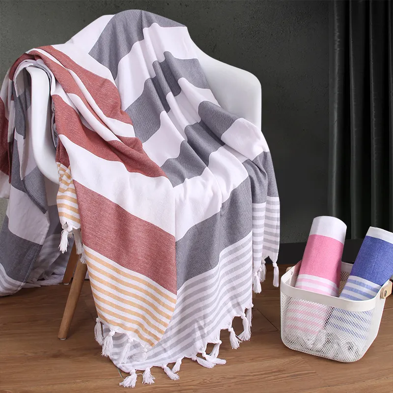 Simple Fashion Tassel Stripe Cotton Thickened Absorbent Beach Towel