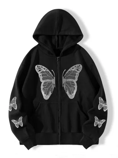 Y2k Butterfly Printed Plus Size Loose Pocket Hoodie for Men