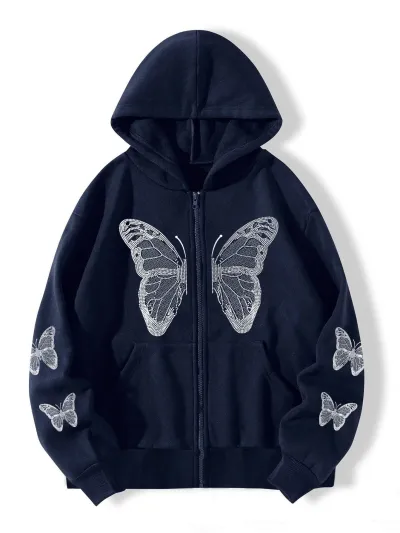 Y2k Butterfly Printed Plus Size Loose Pocket Hoodie for Men