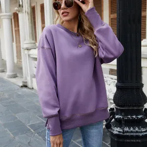 Winter Women Casual Solid Color Fleece-Lined Warm Pullover Sweatshirt