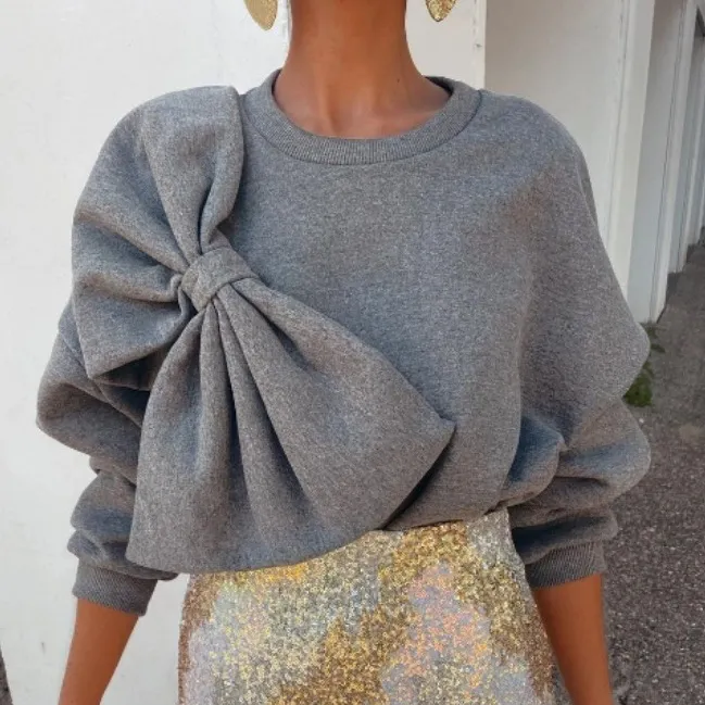 Women Casual Solid Color Bow Pullover Sweatshirt