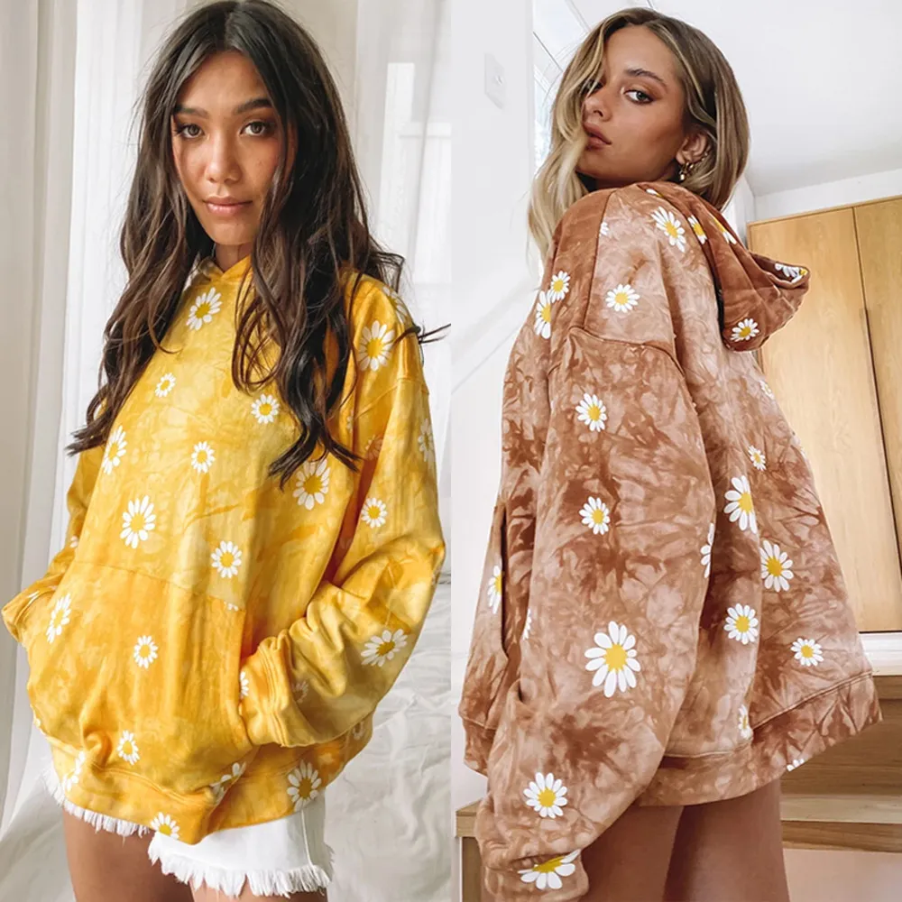 Women Casual Daisy Tie-Dye Printed Hoodie