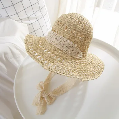Women Fashion Lace Strap Straw Woven Sun Hat