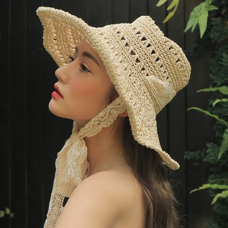Women Fashion Lace Strap Straw Woven Sun Hat