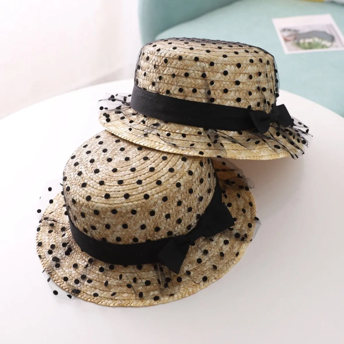Women Fashion Mesh Dot Bow Straw Woven Sun Hat Flat Top