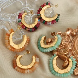 Women Fashion Ethnic Natural Ghost Stone Yellow Agate Titanium Steel Earrings