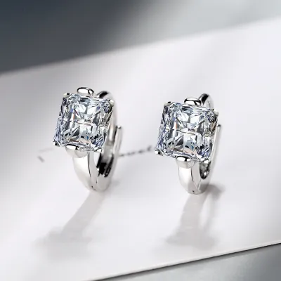 Women Fashion Simple Square Rhinestone Mini Ear Buckle Copper Geometric Earrings