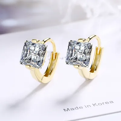 Women Fashion Simple Square Rhinestone Mini Ear Buckle Copper Geometric Earrings