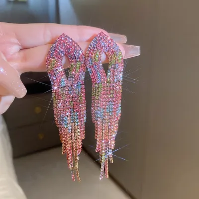 Women Fashion Multicolor Gradient Tassel Rhinestone Earrings