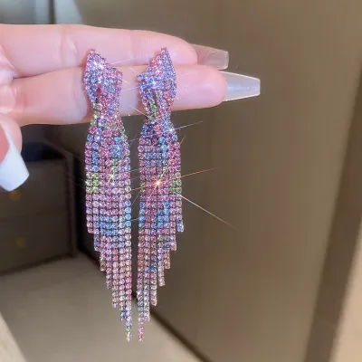 Women Fashion Multicolor Gradient Tassel Rhinestone Earrings