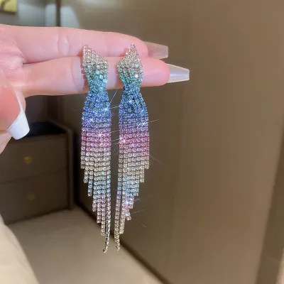 Women Fashion Multicolor Gradient Tassel Rhinestone Earrings