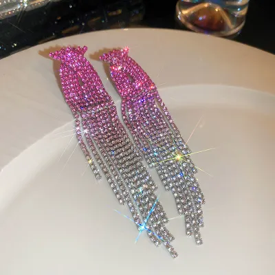 Women Fashion Multicolor Gradient Tassel Rhinestone Earrings