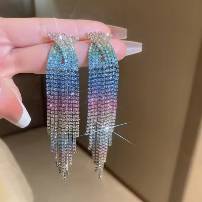 Women Fashion Multicolor Gradient Tassel Rhinestone Earrings