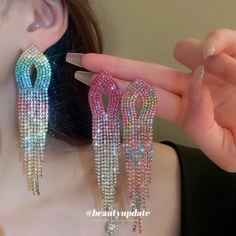 Women Fashion Multicolor Gradient Tassel Rhinestone Earrings
