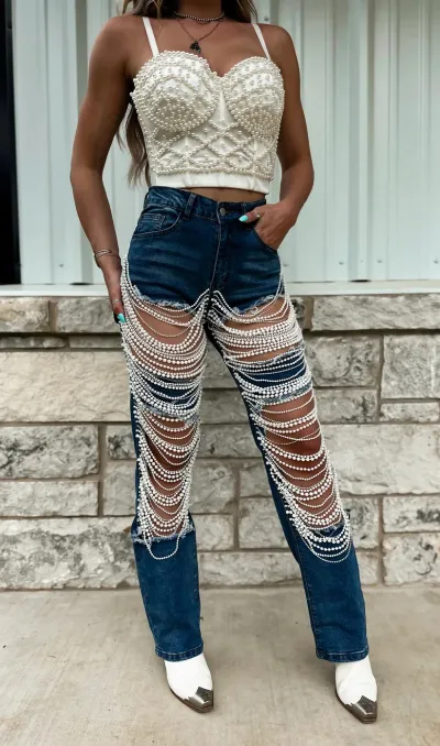 Women Fashion Chain Ripped Jeans