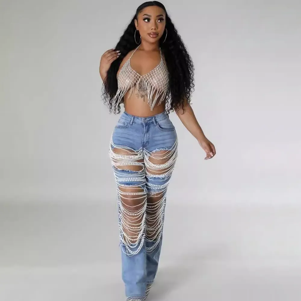 Women Fashion Chain Ripped Jeans