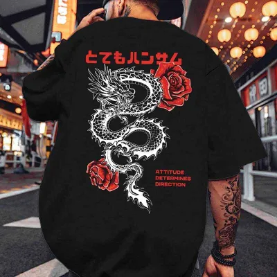 Men Fashion Casual Dragon Cartoon Print Plus Size Short Sleeve T-Shirt