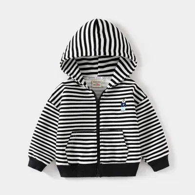 Kids Toddler Boys Autumn Winter Casual Cute Cartoon Stripe Fleece Long Sleeve Zipper Hooded Coat