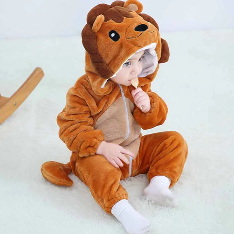 Kids Toddler Boys Girls Autumn Winter Casual Cute Cartoon Animals Flannel Long Sleeve Hooded Romper