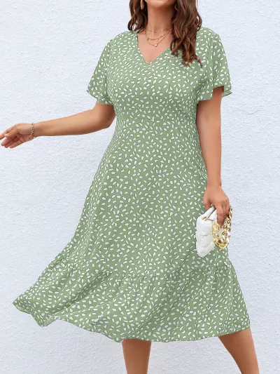 Summer Women Plus Size V-Neck White Dot Printed Short-Sleeve Dress