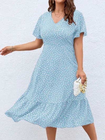 Summer Women Plus Size V-Neck White Dot Printed Short-Sleeve Dress