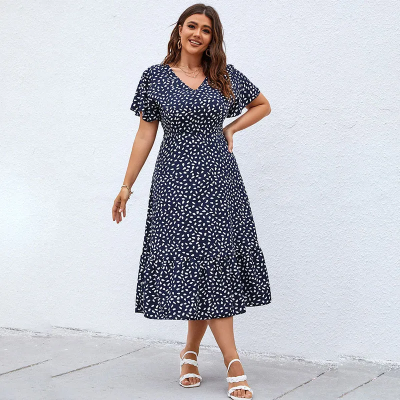 Summer Women Plus Size V-Neck White Dot Printed Short-Sleeve Dress