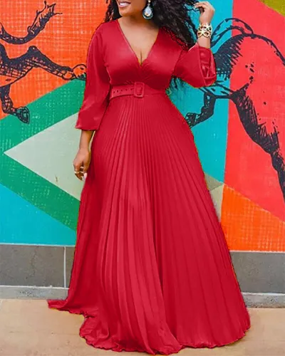 Summer Women Plus Size Solid Color V-Neck High Waist Chiffon Long Sleeve Pleated Elegant Dress