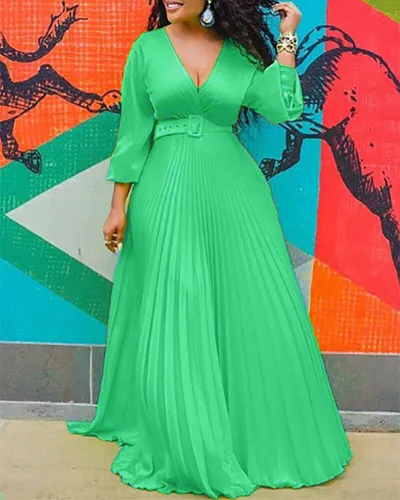 Summer Women Plus Size Solid Color V-Neck High Waist Chiffon Long Sleeve Pleated Elegant Dress