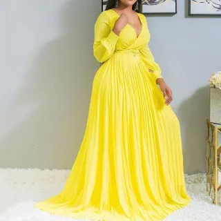 Summer Women Plus Size Solid Color V-Neck High Waist Chiffon Long Sleeve Pleated Elegant Dress