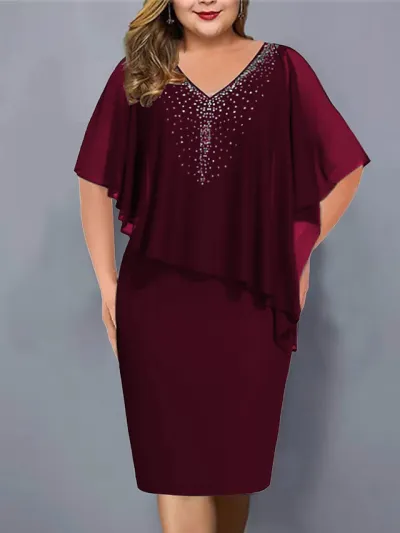 Summer Women Plus Size V-Neck Chiffon Rhinestone Dress