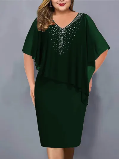Summer Women Plus Size V-Neck Chiffon Rhinestone Dress
