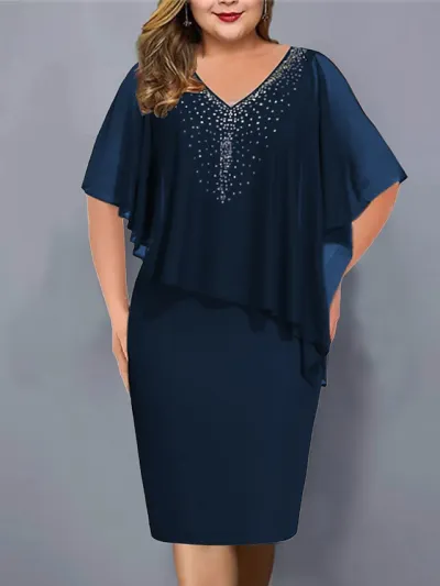 Summer Women Plus Size V-Neck Chiffon Rhinestone Dress
