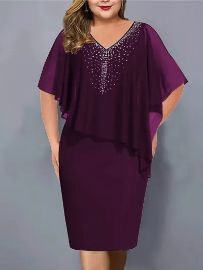 Summer Women Plus Size V-Neck Chiffon Rhinestone Dress