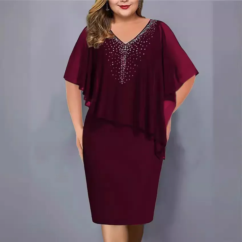 Summer Women Plus Size V-Neck Chiffon Rhinestone Dress