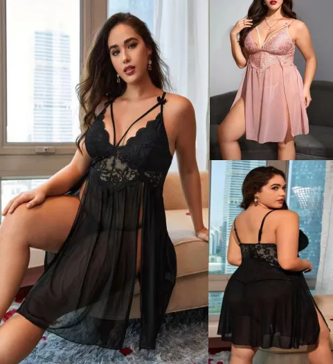 Women Plus Size Lace Deep V Sleepwear Set