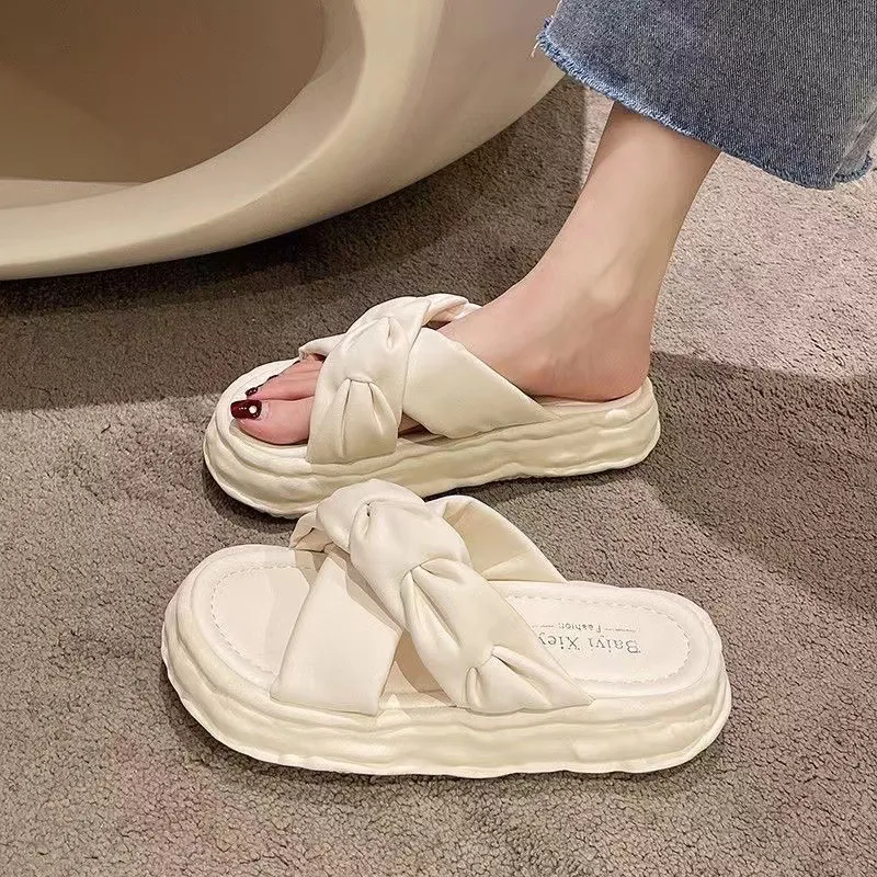 Summer Women Fashion Solid Color Cross Square Toe Thick-Soled PVC Slippers