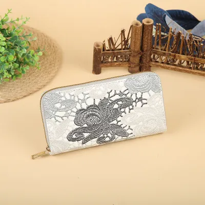 Women Fashion Floral Embroidery Large Capacity Zipper PU Leather Purses