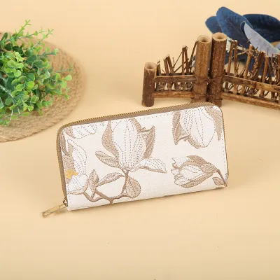 Women Fashion Floral Embroidery Large Capacity Zipper PU Leather Purses