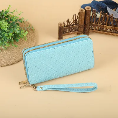 Women Fashion Simple Woven Zipper Long Purse PU Leather Solid Color Wallet