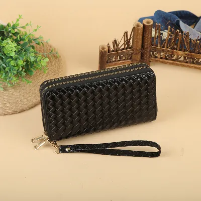 Women Fashion Simple Woven Zipper Long Purse PU Leather Solid Color Wallet
