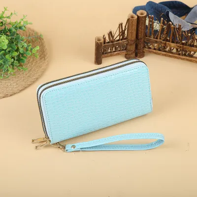 Women Fashion Simple Woven Zipper Long Purse PU Leather Solid Color Wallet
