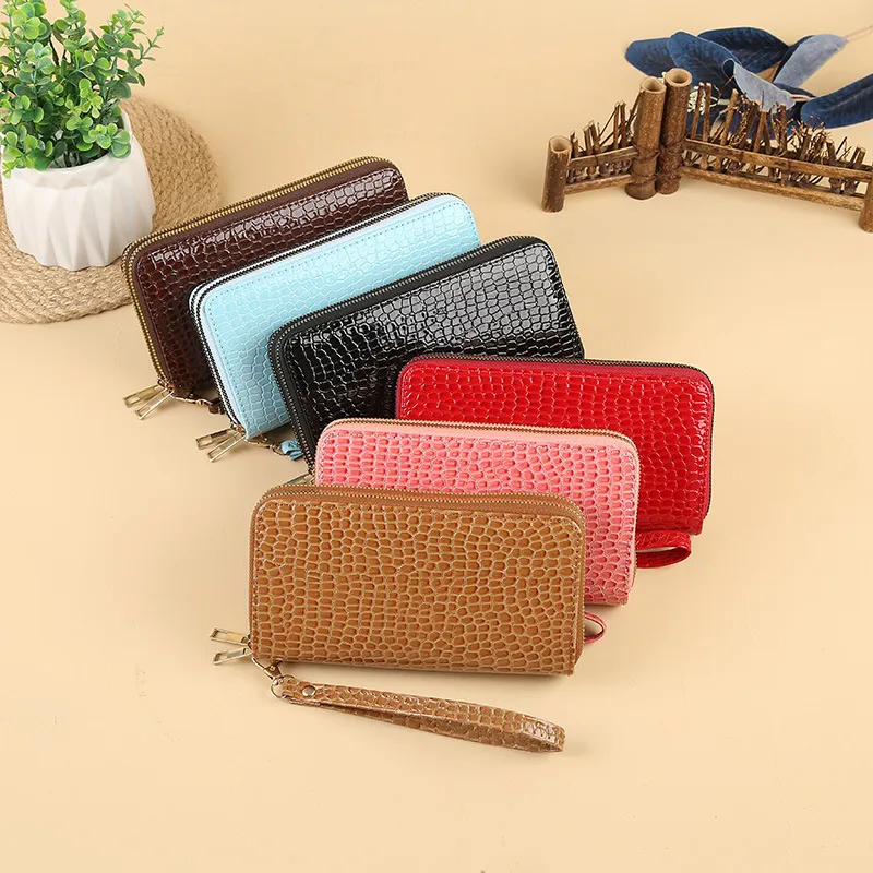 Women Fashion Simple Woven Zipper Long Purse PU Leather Solid Color Wallet