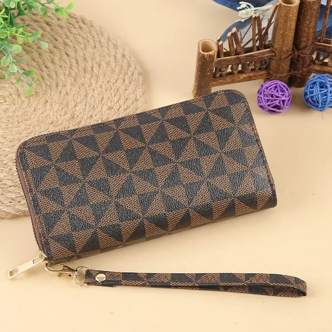 Women Fashion Geometric Stripe Large Capacity Zipper Multi-Card PU Leather Purses
