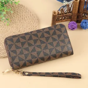 Women Fashion Geometric Stripe Large Capacity Zipper Multi-Card PU Leather Purses